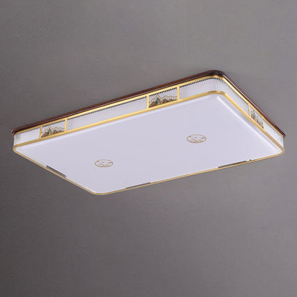 Traditional Chinese Square Rectangle Pattern Acrylic Iron Copper LED Flush Mount Ceiling Light For Living Room
