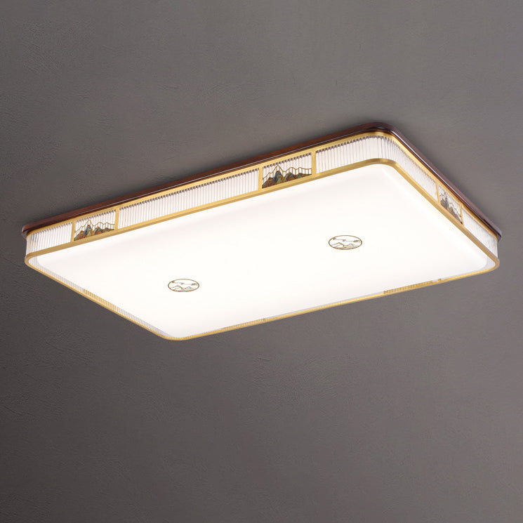 Traditional Chinese Square Rectangle Pattern Acrylic Iron Copper LED Flush Mount Ceiling Light For Living Room