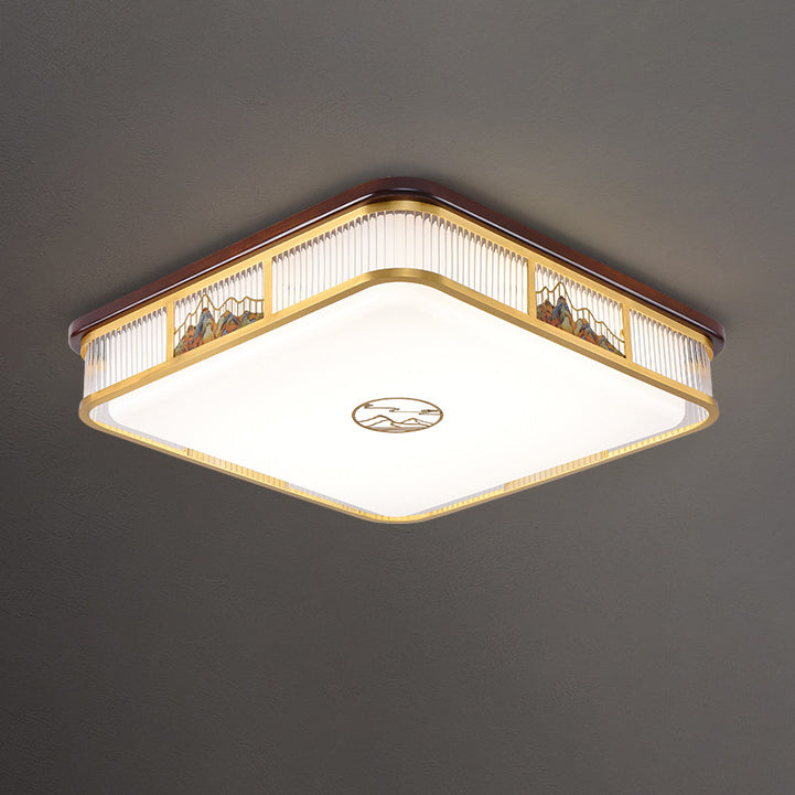 Traditional Chinese Square Rectangle Pattern Acrylic Iron Copper LED Flush Mount Ceiling Light For Living Room