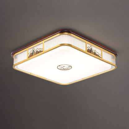 Traditional Chinese Square Rectangle Pattern Acrylic Iron Copper LED Flush Mount Ceiling Light For Living Room