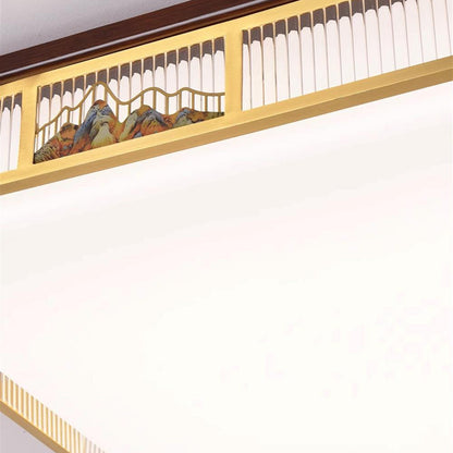 Traditional Chinese Square Rectangle Pattern Acrylic Iron Copper LED Flush Mount Ceiling Light For Living Room