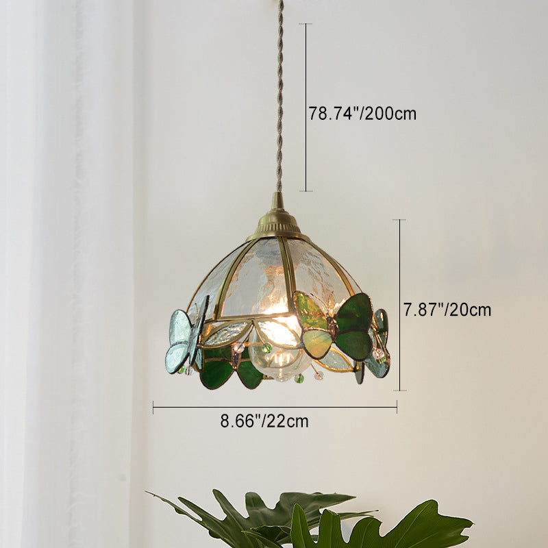 Traditional French Half Round Butterfly Glass Walnut Brass 1-Light Pendant Light For Living Room
