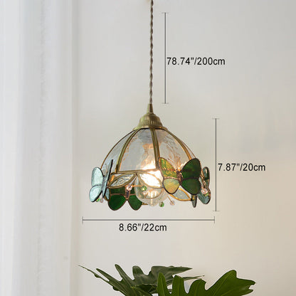 Traditional French Half Round Butterfly Glass Walnut Brass 1-Light Pendant Light For Living Room