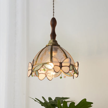 Traditional French Half Round Butterfly Glass Walnut Brass 1-Light Pendant Light For Living Room