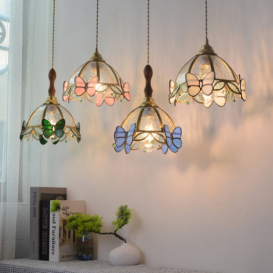 Traditional French Half Round Butterfly Glass Walnut Brass 1-Light Pendant Light For Living Room