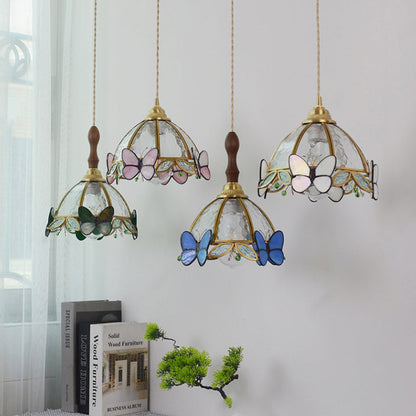 Traditional French Half Round Butterfly Glass Walnut Brass 1-Light Pendant Light For Living Room