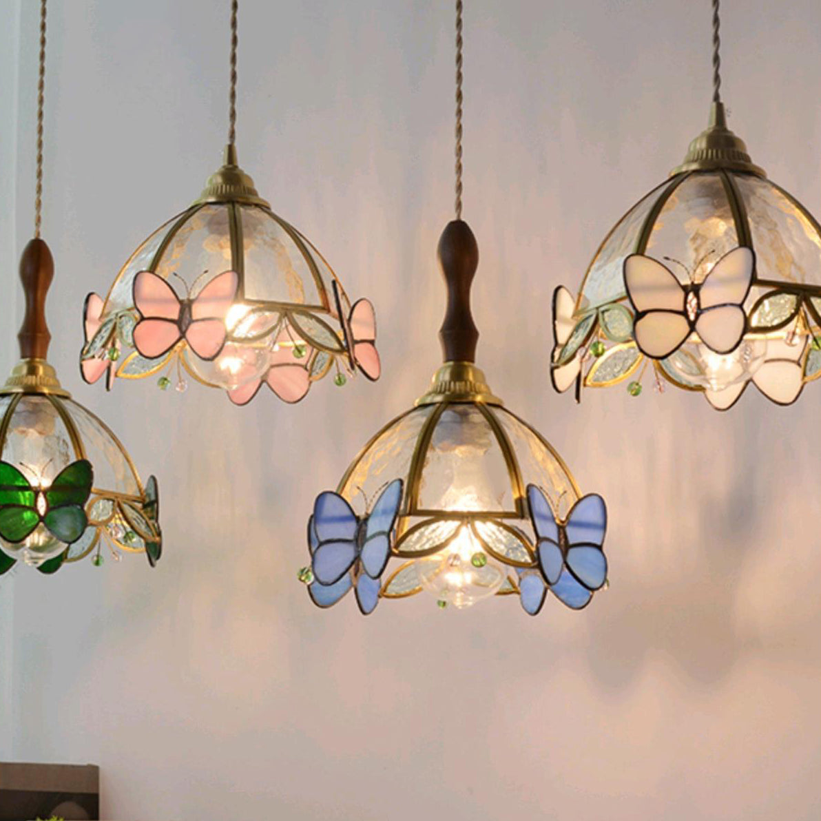 Traditional French Half Round Butterfly Glass Walnut Brass 1-Light Pendant Light For Living Room