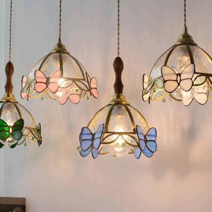 Traditional French Half Round Butterfly Glass Walnut Brass 1-Light Pendant Light For Living Room