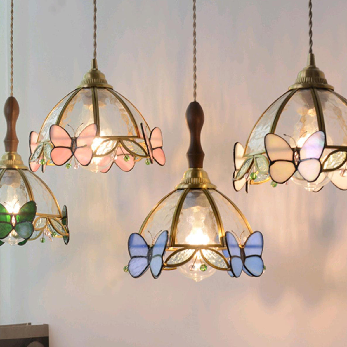 Traditional French Half Round Butterfly Glass Walnut Brass 1-Light Pendant Light For Living Room
