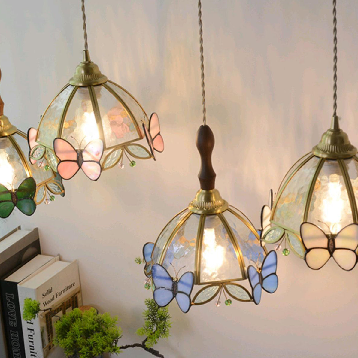 Traditional French Half Round Butterfly Glass Walnut Brass 1-Light Pendant Light For Living Room