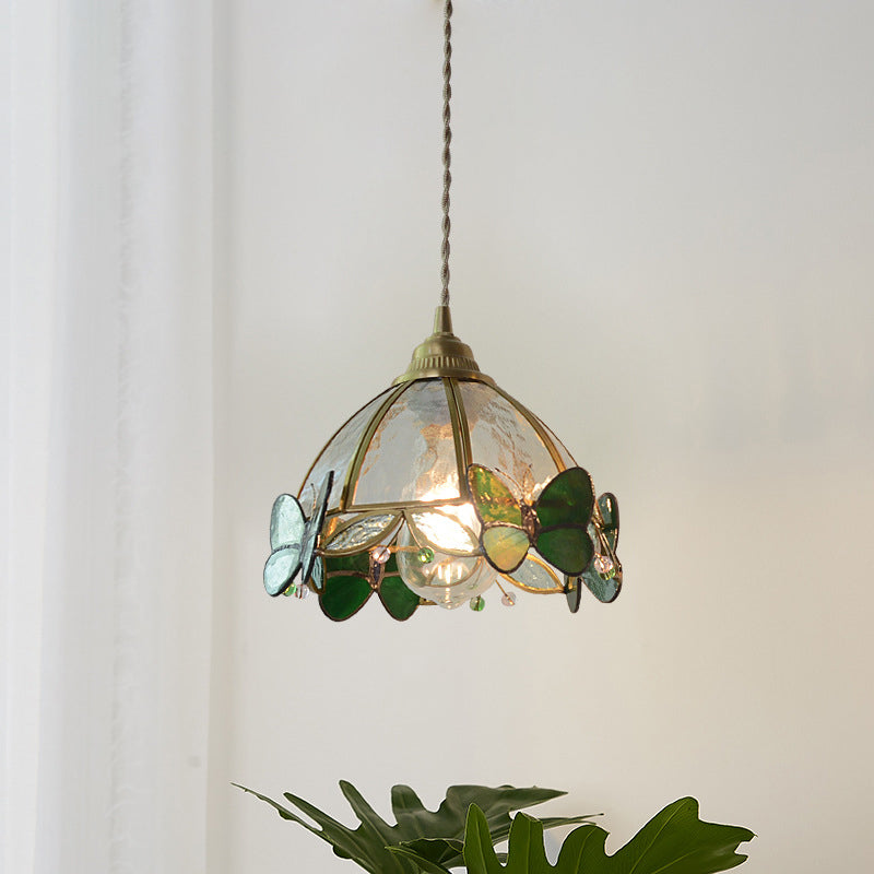 Traditional French Half Round Butterfly Glass Walnut Brass 1-Light Pendant Light For Living Room