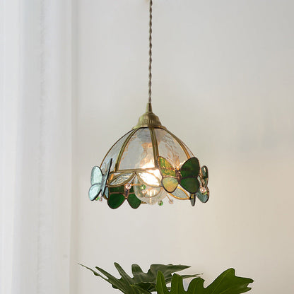 Traditional French Half Round Butterfly Glass Walnut Brass 1-Light Pendant Light For Living Room