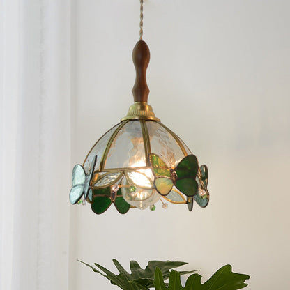 Traditional French Half Round Butterfly Glass Walnut Brass 1-Light Pendant Light For Living Room