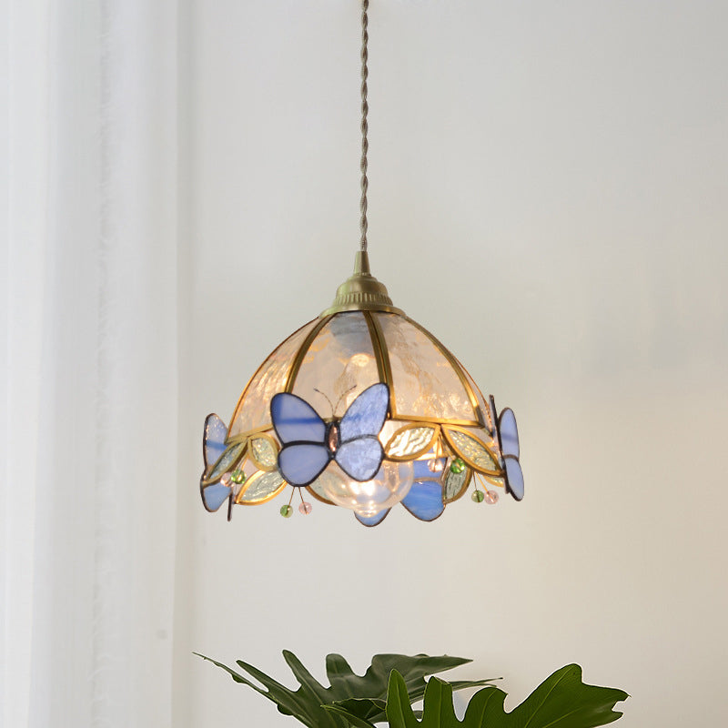 Traditional French Half Round Butterfly Glass Walnut Brass 1-Light Pendant Light For Living Room