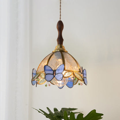 Traditional French Half Round Butterfly Glass Walnut Brass 1-Light Pendant Light For Living Room