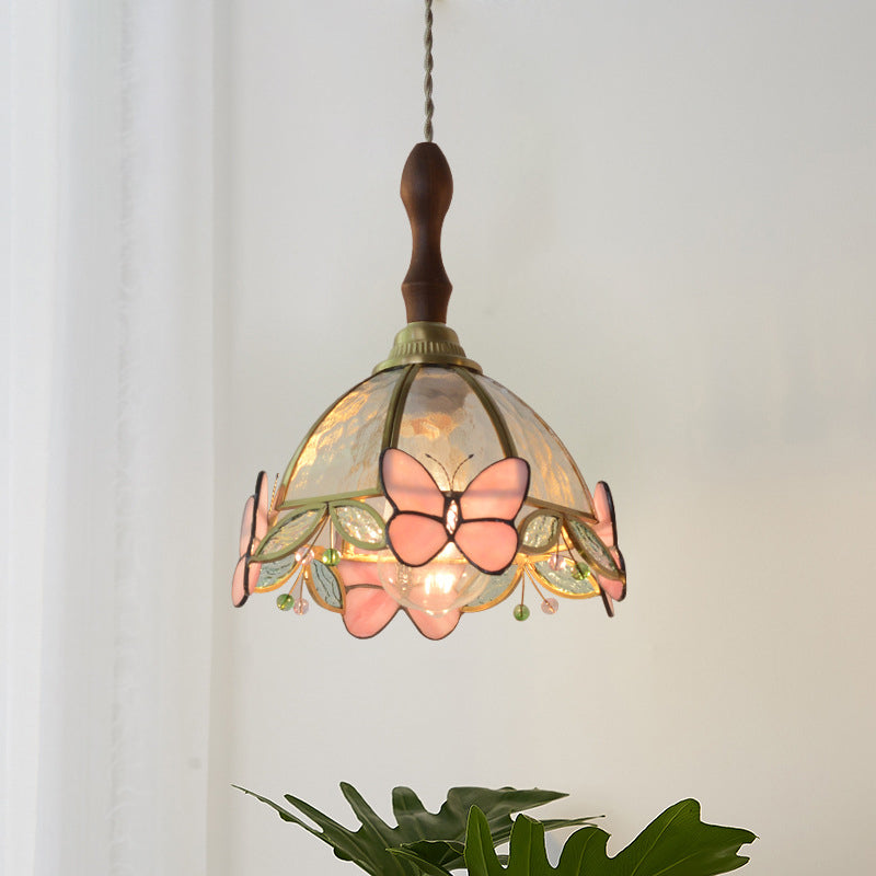 Traditional French Half Round Butterfly Glass Walnut Brass 1-Light Pendant Light For Living Room