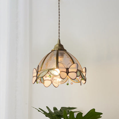 Traditional French Half Round Butterfly Glass Walnut Brass 1-Light Pendant Light For Living Room