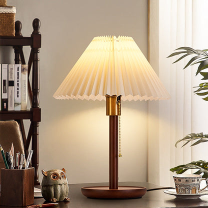 Traditional Vintage Scalloped Pleated Round PVC Solid Wood 1-Light Table Lamp For Living Room