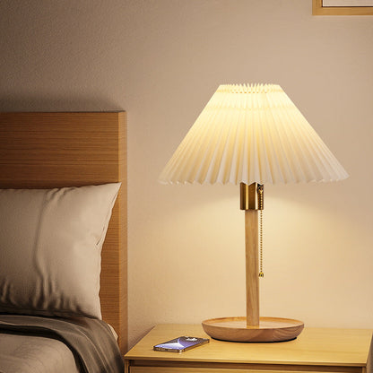 Traditional Vintage Scalloped Pleated Round PVC Solid Wood 1-Light Table Lamp For Living Room