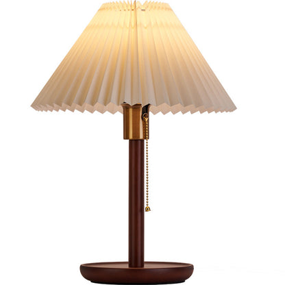 Traditional Vintage Scalloped Pleated Round PVC Solid Wood 1-Light Table Lamp For Living Room