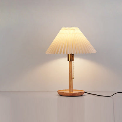 Traditional Vintage Scalloped Pleated Round PVC Solid Wood 1-Light Table Lamp For Living Room