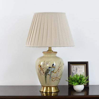 Traditional Chinese Pleated Scalloped Sunflower Double Birds Round Fabric Ceramic 1-Light Table Lamp For Living Room