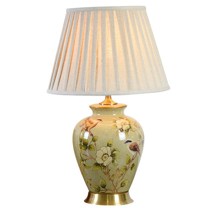 Traditional Chinese Pleated Scalloped Sunflower Double Birds Round Fabric Ceramic 1-Light Table Lamp For Living Room