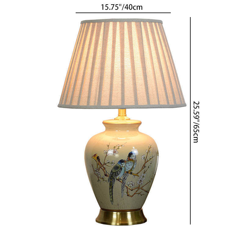 Traditional Chinese Pleated Scalloped Sunflower Double Birds Round Fabric Ceramic 1-Light Table Lamp For Living Room