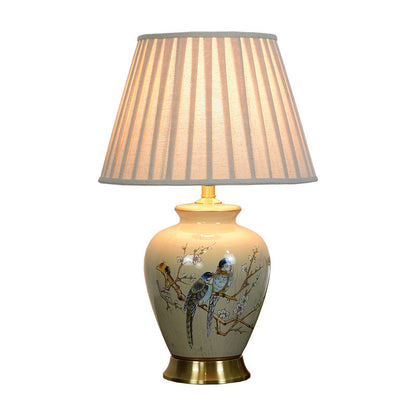 Traditional Chinese Pleated Scalloped Sunflower Double Birds Round Fabric Ceramic 1-Light Table Lamp For Living Room