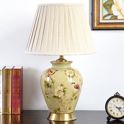 Traditional Chinese Pleated Scalloped Sunflower Double Birds Round Fabric Ceramic 1-Light Table Lamp For Living Room