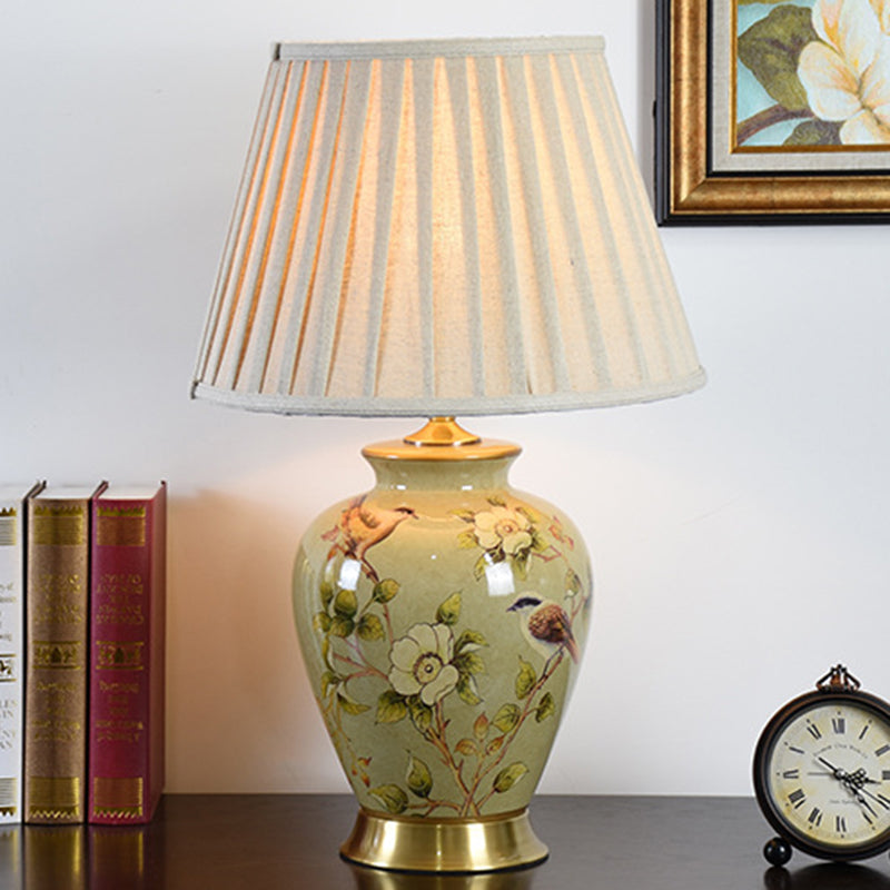 Traditional Chinese Pleated Scalloped Sunflower Double Birds Round Fabric Ceramic 1-Light Table Lamp For Living Room