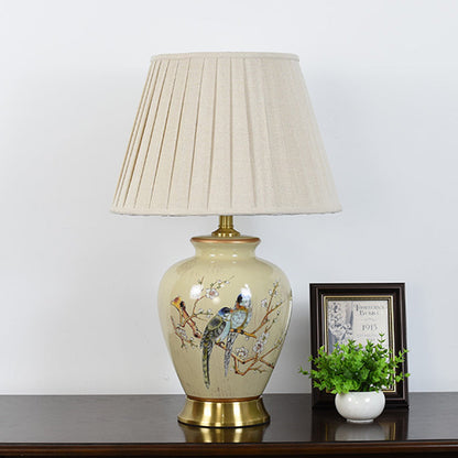 Traditional Chinese Pleated Scalloped Sunflower Double Birds Round Fabric Ceramic 1-Light Table Lamp For Living Room