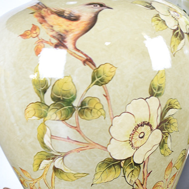 Traditional Chinese Pleated Scalloped Sunflower Double Birds Round Fabric Ceramic 1-Light Table Lamp For Living Room