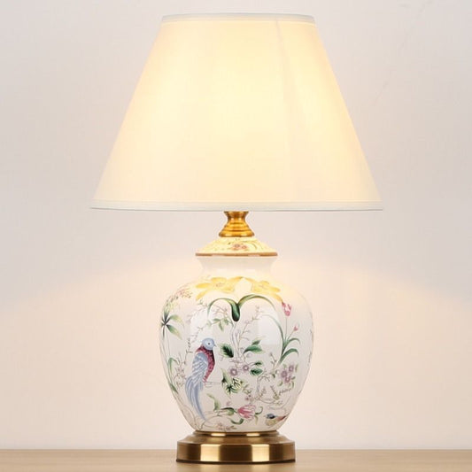 Traditional Chinese Patterned Bird Scalloped Round Fabric Ceramic 1-Light Table Lamp For Living Room