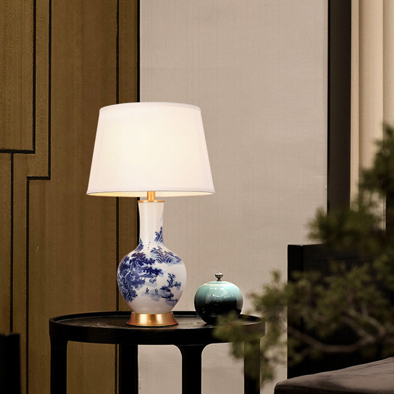 Traditional Chinese Cylinder Scalloped Pine Lapis Lazuli Fabric Ceramic Copper 1-Light Table Lamp For Living Room
