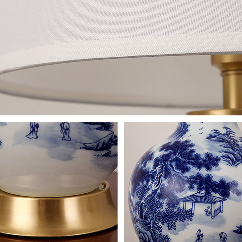 Traditional Chinese Cylinder Scalloped Pine Lapis Lazuli Fabric Ceramic Copper 1-Light Table Lamp For Living Room