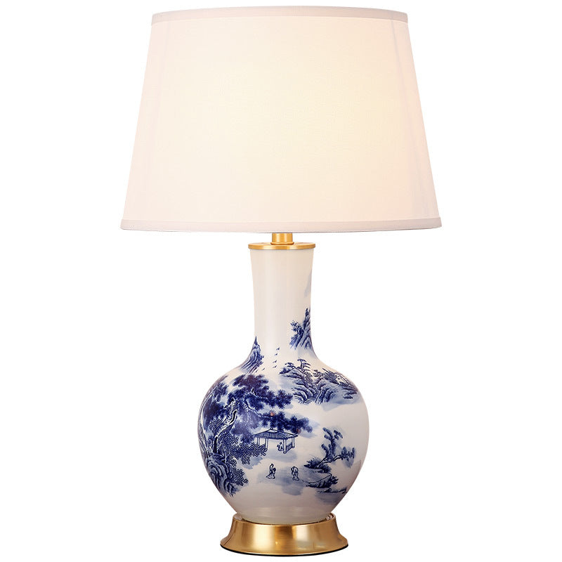 Traditional Chinese Cylinder Scalloped Pine Lapis Lazuli Fabric Ceramic Copper 1-Light Table Lamp For Living Room