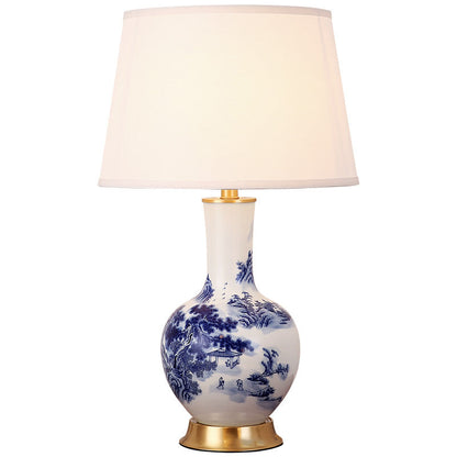 Traditional Chinese Cylinder Scalloped Pine Lapis Lazuli Fabric Ceramic Copper 1-Light Table Lamp For Living Room