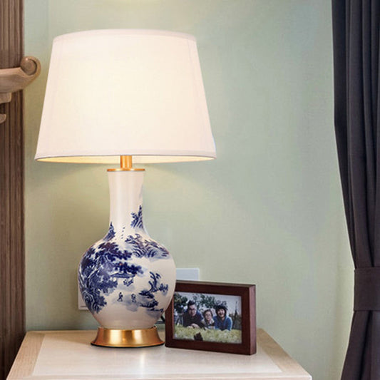 Traditional Chinese Cylinder Scalloped Pine Lapis Lazuli Fabric Ceramic Copper 1-Light Table Lamp For Living Room