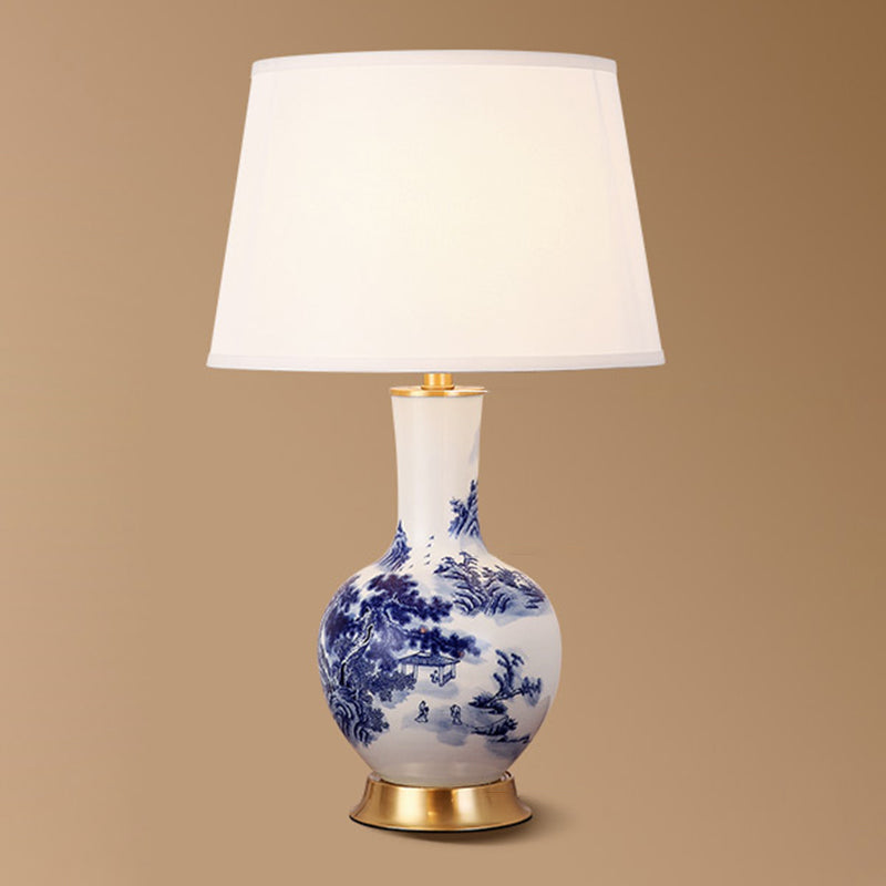 Traditional Chinese Cylinder Scalloped Pine Lapis Lazuli Fabric Ceramic Copper 1-Light Table Lamp For Living Room