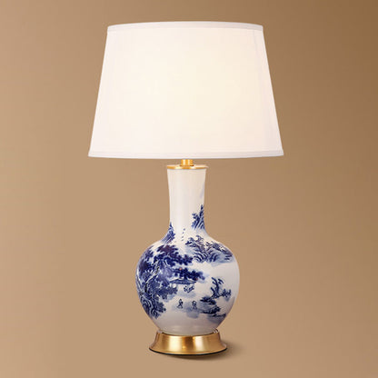 Traditional Chinese Cylinder Scalloped Pine Lapis Lazuli Fabric Ceramic Copper 1-Light Table Lamp For Living Room