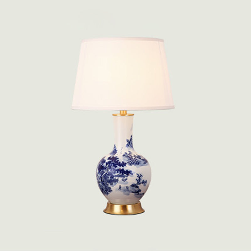 Traditional Chinese Cylinder Scalloped Pine Lapis Lazuli Fabric Ceramic Copper 1-Light Table Lamp For Living Room
