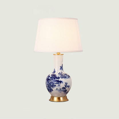 Traditional Chinese Cylinder Scalloped Pine Lapis Lazuli Fabric Ceramic Copper 1-Light Table Lamp For Living Room