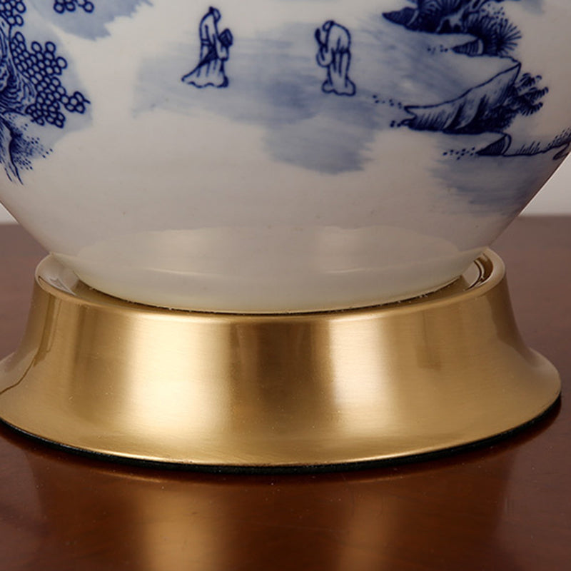 Traditional Chinese Cylinder Scalloped Pine Lapis Lazuli Fabric Ceramic Copper 1-Light Table Lamp For Living Room