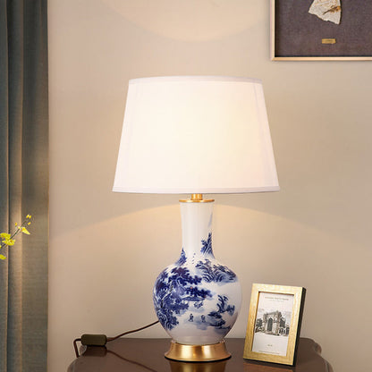 Traditional Chinese Cylinder Scalloped Pine Lapis Lazuli Fabric Ceramic Copper 1-Light Table Lamp For Living Room