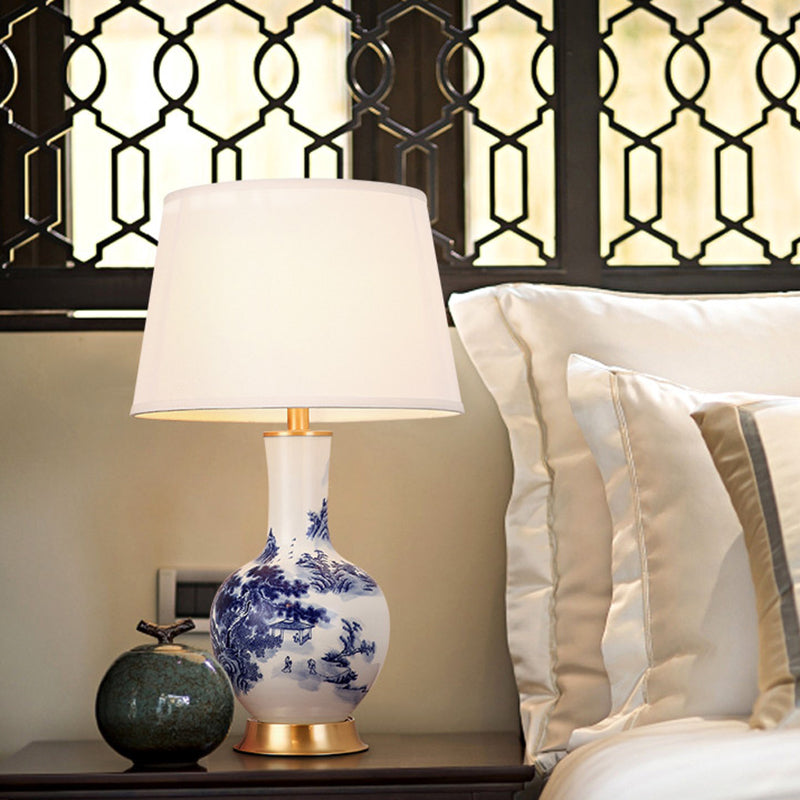 Traditional Chinese Cylinder Scalloped Pine Lapis Lazuli Fabric Ceramic Copper 1-Light Table Lamp For Living Room