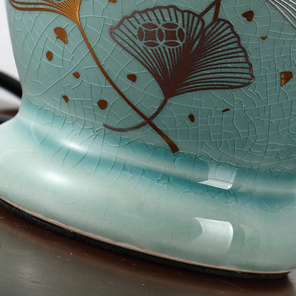 Traditional Chinese Flower Pattern Round Fan Fabric Ceramic 1-Light Table Lamp For Living Room