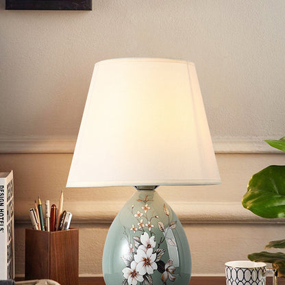 Traditional Chinese Flower Pattern Round Fan Fabric Ceramic 1-Light Table Lamp For Living Room