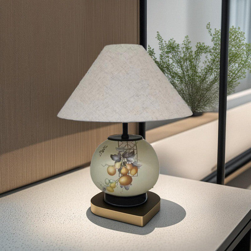 Traditional Chinese Pattern Orb Scalloped Fabric Ceramic 1-Light Table Lamp For Living Room