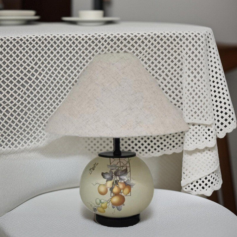 Traditional Chinese Pattern Orb Scalloped Fabric Ceramic 1-Light Table Lamp For Living Room